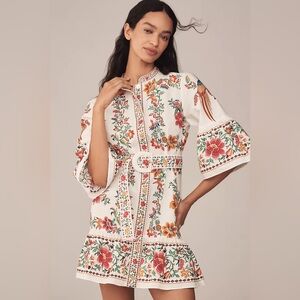 FARM Rio White Floral Embroidered Mini Dress with Red, Orange, Green Accents
